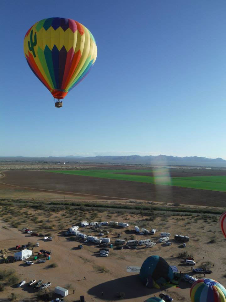 Hot Air Balloon With a Cactus on the Side Flying Over a Landscape View